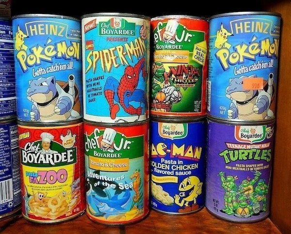 Version-exclusive canned pasta. What a time to be alive. Heinz sold Pokémon-shaped pasta in tomato sauce around 2000, initially in Red and Blue versions.