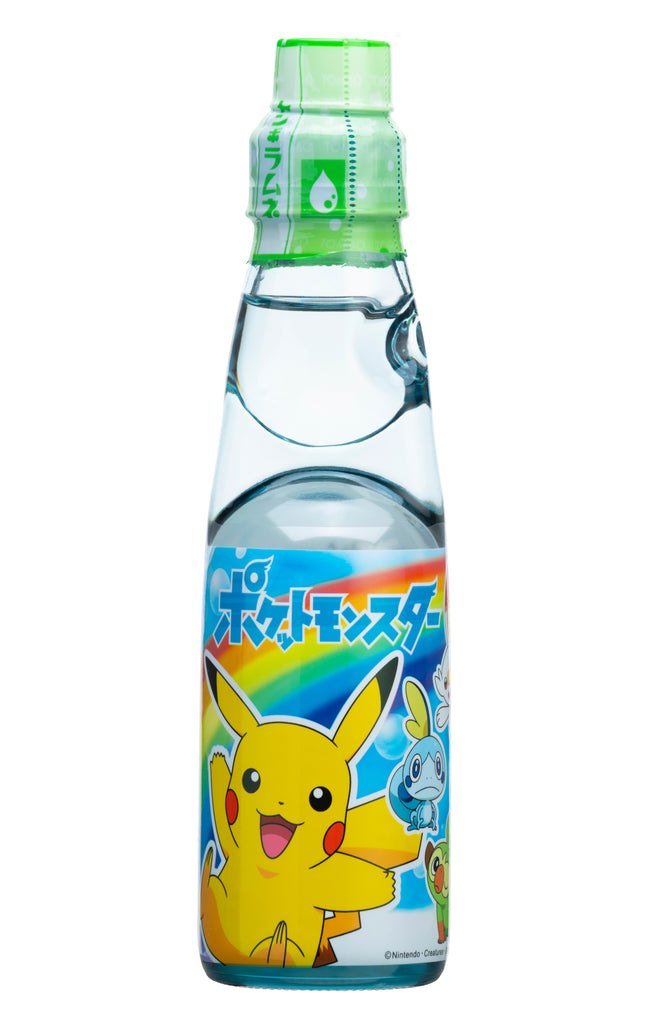 Tonbo sold Pokémon-branded ramune soda in Japan in a 200 mL glass bottle; this photo shows a later character design. A fizzy Pikachu bottle with that little marble stopper? Hydration suddenly has a minigame.