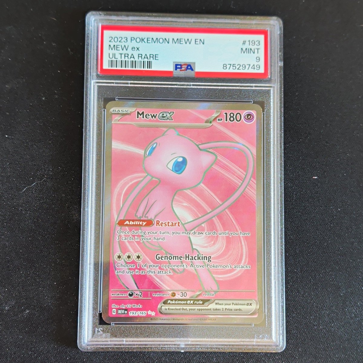 Mew ex — Scarlet & Violet 151
PSA 9
The 151 Mew ex is pink, powerful, and completely uninterested in my organizational system. Its full-art presence makes a small slab feel like a large event. I have scheduled a follow-up with my own sense of wonder.